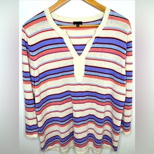 Talbots 55% Linen Sweater New Without Tags Stiripe V Neck XL Petite Purple Pink